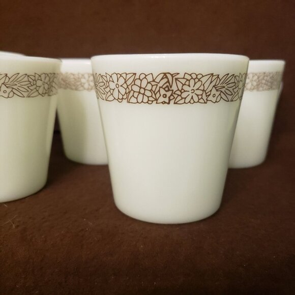 Set Five Vintage Pyrex Woodland White Milk Glass D-Handle Mugs 1410 Brown Flower - Picture 3 of 7